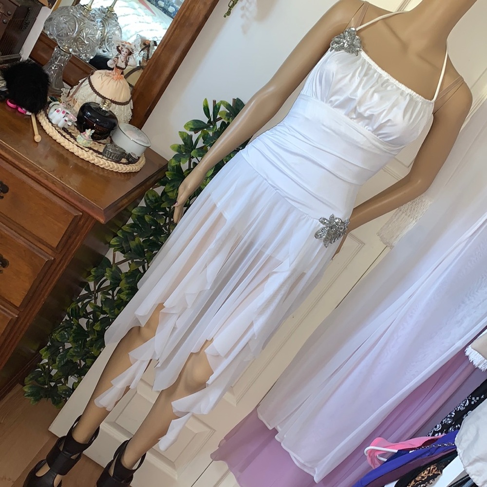 White spandex BALLET DANCE romper sheer mesh chiffon ruffle jazz dance dress  S